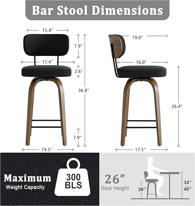 Swivel Counter Height Bar Stools with Back Set of 2, 26" Fabric Upholstered Kitchen Bar Stools with Wood Legs and Metal Footrest for Kitchen Island (Black Fabric)