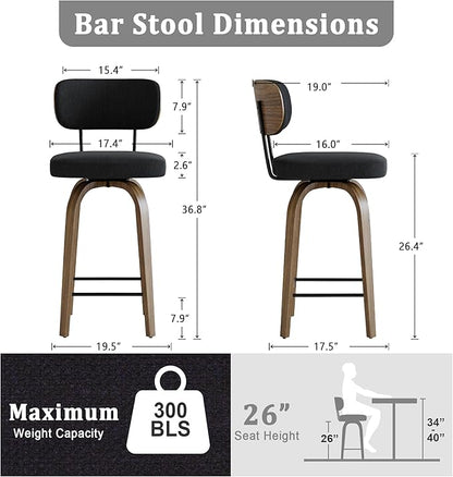 Swivel Counter Height Bar Stools with Back Set of 2, 26" Fabric Upholstered Kitchen Bar Stools with Wood Legs and Metal Footrest for Kitchen Island (Black Fabric)