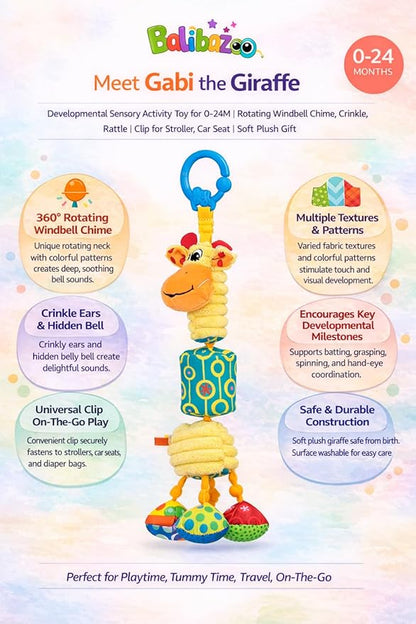 Balibazoo Gabi The Giraffe Hanging Baby Toy for 0-24M - 360° Rotating Neck | Deep Chime, Crinkle, Rattle, BPA-Free Material | Clip for Stroller, Car Seat | Soft Plush Sensory Newborn Gift