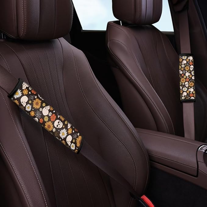 FOR U DESIGNS Car Seat Belt Cover Pad for Adults Kids Seatbelt Cover Soft Comfortable 2 Pcs Auto Seat Belt Cushion Skull & Floral Print SUV Seat Strap Cover