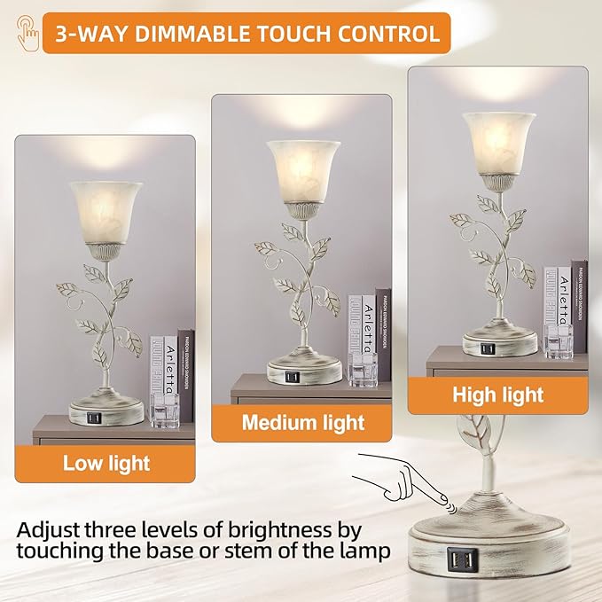 RORIANO Rustic Touch Table Lamp for Bedroom, 3-Way Dimmable Nightstand Lamp with 2 USB Ports, Retro Vintage White Glass Shade Leaf Desk Lamp for Living Room Entryway, LED Bulb Included