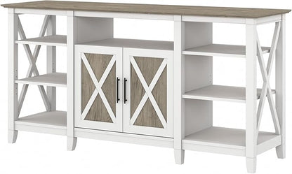 Bush Furniture Key West Tall TV Stand for 65 Inch TV in Pure White and Shiplap Gray, Farmhouse Entertainment Center with Storage