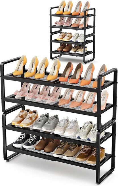 Shoe Rack - Expandable Shoe Organizer for Closet, Adjustable Metal Shoe Shelf Storage, 4 Tier Stackable Long Shoe Stand Holder for Garage, Entryway, Door Entrance, Black