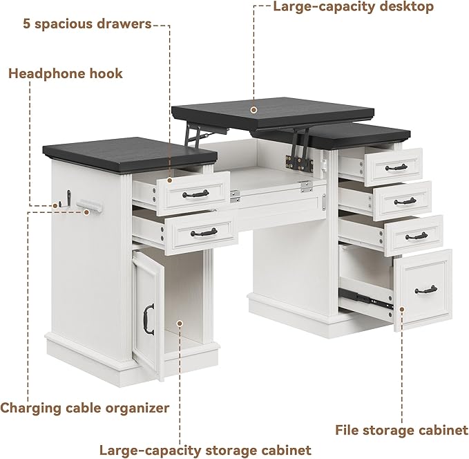 Farmhouse 57" Lift Desktop Executive Desk with 6 Drawers and Charging Station, Wood Home Office Computer Desk with File Cabinet Storage, Keyboard Tray,Headphone hook for Work,Study, Antique White