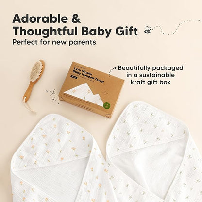 KeaBabies Muslin Baby Bath Towels with Hood for Girls, Boys -Large Organic Cotton Hooded Baby Towels for Newborns,Toddlers,Infant,Kids,Soft Absorbent Newborn Bath Essentials Gift Set(Tulips, Regular)