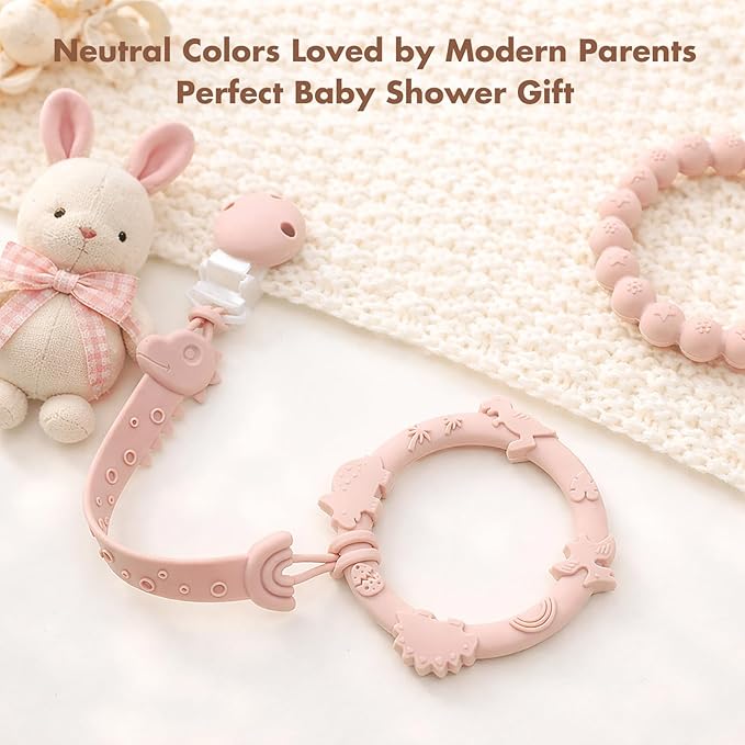 Pacifier Clips for Baby Boys Girls, One-Piece Silicone Pacifier Holder Strap 4 Pack, Binky Paci Clips Animal Rainbow Design, Lightweight Break-Resistant, Dishwasher Safe-Ivory+Sage
