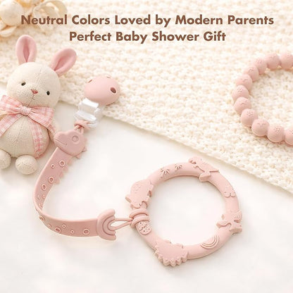 Pacifier Clips for Baby Boys Girls, One-Piece Silicone Pacifier Holder Strap 4 Pack, Binky Paci Clips Animal Rainbow Design, Lightweight Break-Resistant, Dishwasher Safe-Ivory+Sage