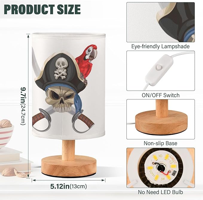 Table Lamp Pirate Skull with Sword Red Parrot Nightstand Lamp with Wood Base Fabric Lamp Shade Bedside Desk Lamp for Living Room Bedroom Kids Room Office
