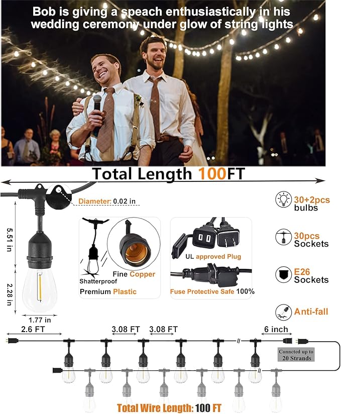 Outdoor String Lights LED 100FT Heavy-Duty Patio Lights String with 32 Dimmable Shatterproof Plastic Bulbs for Gazebo Pergola Bistro Lights Linkable