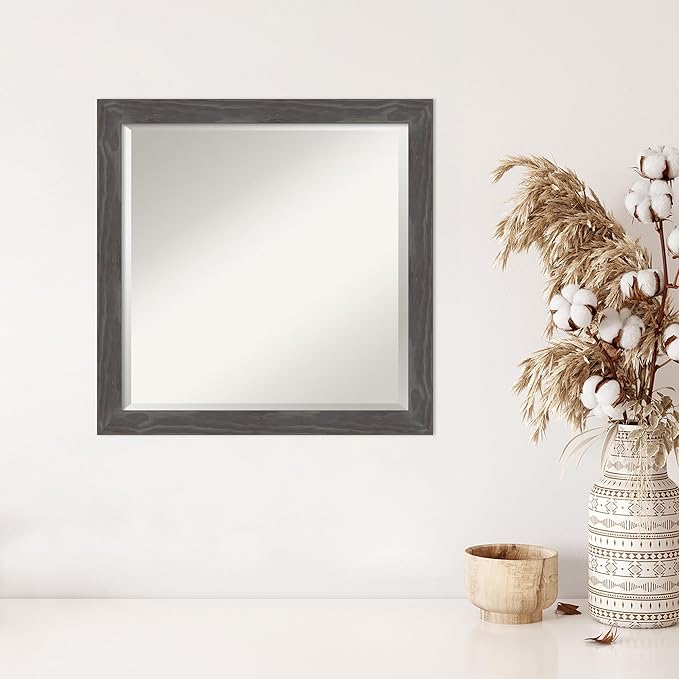 Amanti Art Grey Wall Mirror 23x23 Woodridge Rustic Grey Square Bathroom Mirror for Wall Decor Living Room, Medium Rustic Farmhouse Wood Frame, Hangs Horizonally and Vertically, Bathroom Decor, Beveled