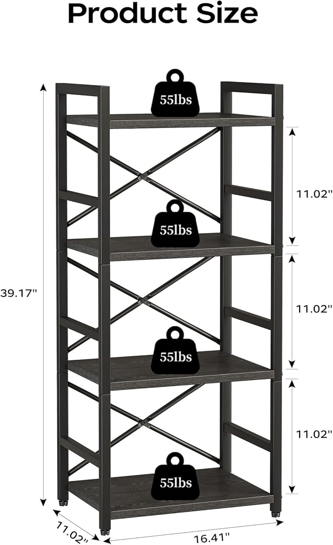 Homeiju Black Bookshelf, 4 Tier Small Bookcase, Black Metal Small Bookcase, Book Shelf Organization and Storage for Living Room, Bedroom, and Home Office
