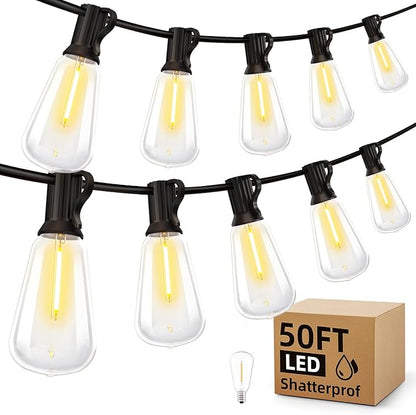 MGVIH Outdoor String Led Patio Lights - 50Ft 15M Outside Waterproof Light ST38 Shatterproof Bulb Connectable Hanging Outdoor Electric Lighting for Backyard Yard Gazebo Porch Party