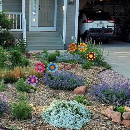 Metal Garden Flower Stakes, 16.5 Inch Decorative Outdoor Stakes with Colorful Flower Heads, 6 Pack Garden Yard Art Decor