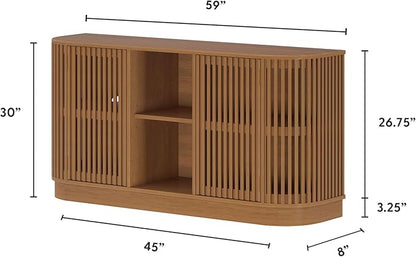 Plank+Beam Contour Wood TV Stand, Two Door Solid Wood Entertainment Console with Storage, 59" L x 16" W x 30" H, Pecan