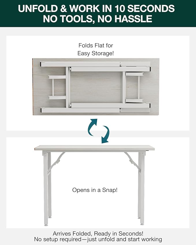 Frylr Small Folding Computer Desk – Portable 43.3 Inch Foldable Laptop Table, Collapsible and Compact for Easy and Fast Setup, Lightweight for Small Spaces, Home Craft and Study Use, White Ash
