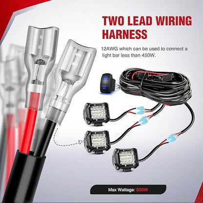 Nilight 12AWG LED Light Bar Wiring Harness Kit 12V On Off 5Pin Rocker Switch Laser Waterproof Toggle Power Relay Blade Fuse for Cars Boat ATV Trucks - 3 Leads Bule
