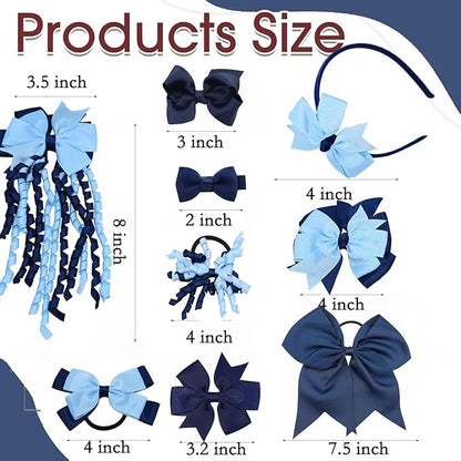 School Hair Accessories Set 14 Pcs Uniform Hair Bow Headband Clips Hair Ties Curly Korker Bows for Little Toddler School Girls (Light Blue&Navy)