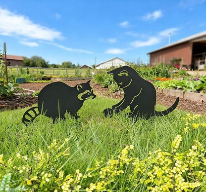 2 Pack Black Cat & Raccoon Garden Stakes, Metal Yard Art for Outside, Decorative Silhouette Statues for Garden, Lawn, Patio, Cute Outdoor Animal Ornaments (Cats and Raccoons)