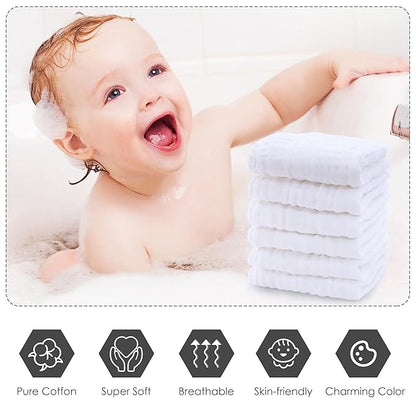 Cute Castle 12 Pack Muslin Baby Washcloths - Large 12'' by 12'' - Ultra Soft 100% Cotton - Super Absorbent Burp Cloths for Unisex, Boy, Girl -White
