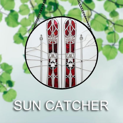 Stained Glass Window Hanging 4 Pcs Set Winter Skiing Red Christmas House 7.8" - Suncatcher Door Garden Sun Catcher Decor Birthday Mother's Day for Mom Woman Nana Friend