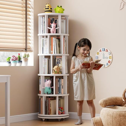 Solid Wood Rotating Bookshelf on Wheels, 5 Tier, Round Revolving Bookcase, 360° Spinning Book Shelf Tower for Kids, Narrow Rolling Bookshelves for Small Space, Corner, Bedroom, Office, White