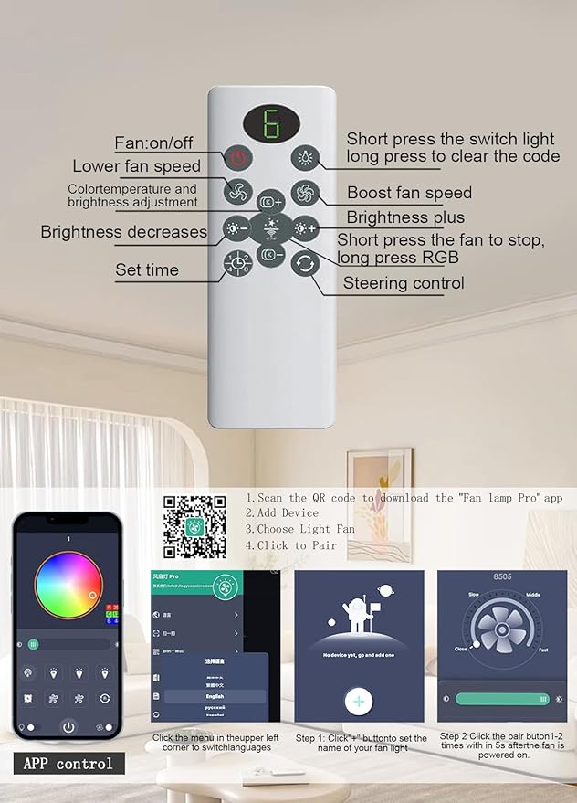 JSAITEE 52 inch Ceiling Fan with Light, 6 Speeds Reversible Low Profile Ceiling Fan with Light and Remote/APP Control, 3 Color Temp+Dimmable RGB, 8 Blades, Flush Mount Quiet Ceiling Fans, White