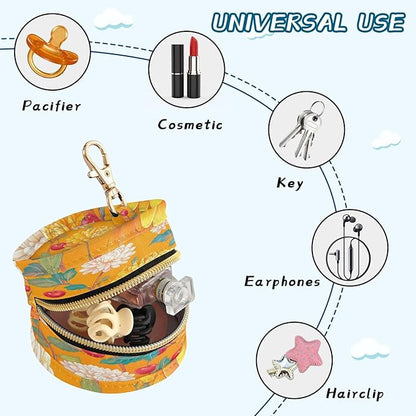 Pacifier Holder with Clip Pacifier Case for Diaper Bag Round Baby Pacifier Pouch Box Bag Portable Orange Cute Chrysanthemum and Cherries