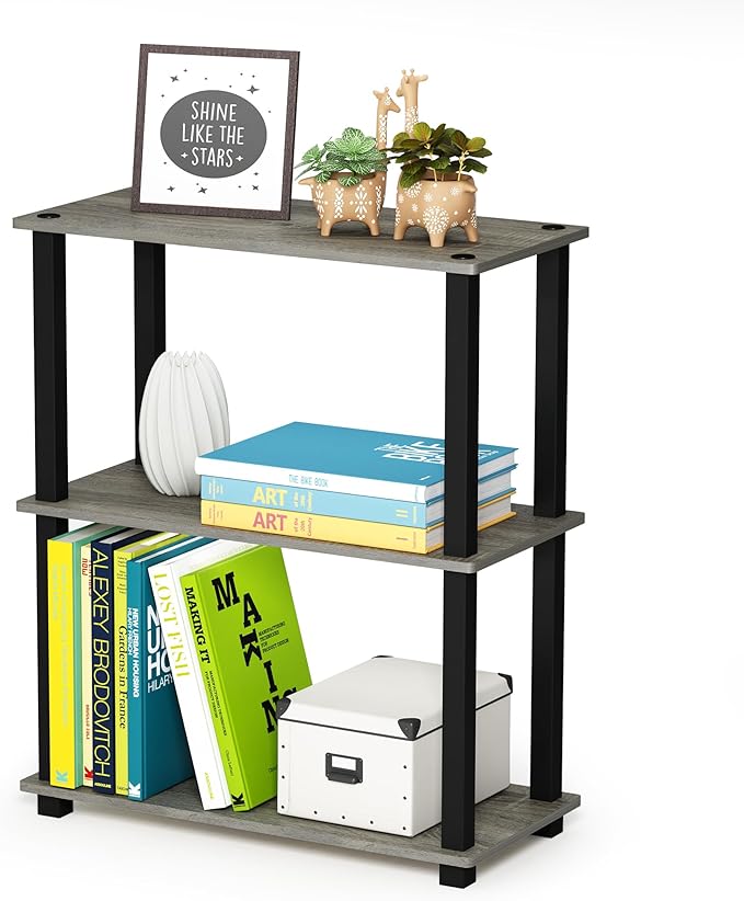 Furinno Turn-S-Tube 3-Tier Compact Multipurpose Shelf Display Rack with Square Tube, French Oak Grey/Black
