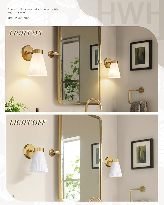 Gold Wall Sconces Set of Two, HWH Modern Bathroom Vanity Sconce Wall Lighting Indoor Wall Lamp with Frosted White Striped Glass, 5HZG97B-2PK BG