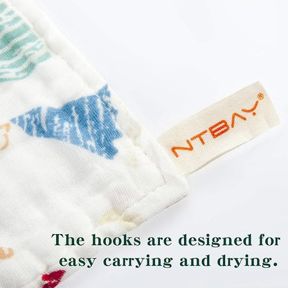 NTBAY 6 Pack Baby Muslin Washcloths, 6 Layers Natural Cotton Newborn Baby Face Towel with Animals Printed Design, Soft and Breathable Reusable Wipes and Shower Gift for Baby Registry, 10x10 inches