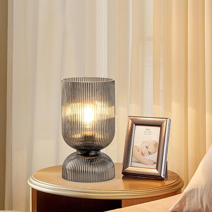 Modern Table Lamp,Glass Mid Century Lamp with Smoky Gray Glass Shade, Bedside Lamp with On/Off Switch, Minimalist Nightstand Lamp for Bedroom, Living Room, Office (Bulb not Included)