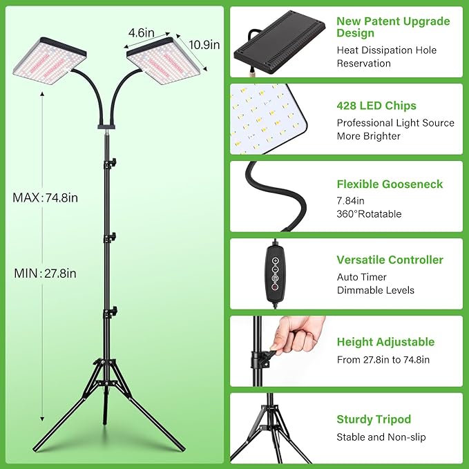 LBW Latest Grow Light for Indoor Plants, 428 LED Dual-Head Full Spectrum Standing Plant Light, Floor Grow Lamp with 3/6/12H Timer, 6 Brightness Levels, 3 Switch Modes, 75" Adjustable Tripod Stand