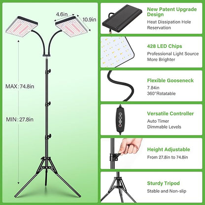 LBW Latest Grow Light for Indoor Plants, 428 LED Dual-Head Full Spectrum Standing Plant Light, Floor Grow Lamp with 3/6/12H Timer, 6 Brightness Levels, 3 Switch Modes, 75" Adjustable Tripod Stand
