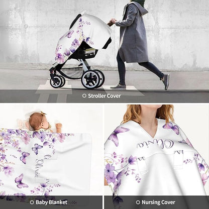 Personalized Baby Car Seat Canopy with Name – Custom Butterfly Purple Minky Nursing Cover for Girls, Soft Stroller Cover for Infants & Newborns, Carseat Canopy for Breastfeeding