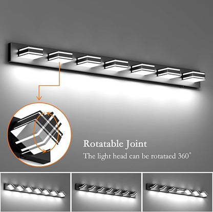 Ralbay 55inch Black Vanity Light 5 Color Temperatures (3000K-6000K) Dimmable Metal Acrylic LED Modern Matte Black Bathroom Wall Lighting for Mirror (7-Light)