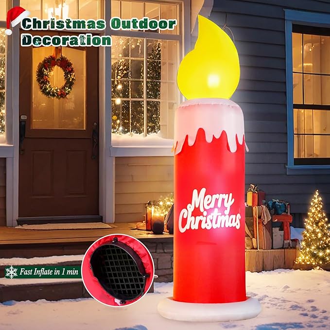 FunFanso 6 FT Christmas Inflatable Candle with Merry Christmas Wishes, Blow up Decor Outdoor, Built-in Bright LED Lights, Festival Decoration for Yard Patio Lawn Garden Indoor Home Porch Party Décor