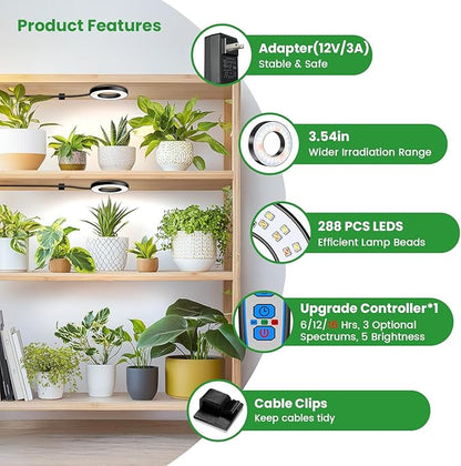 Wiaxulay Ceiling Grow Lights for Indoor Plants, 288 LED Full Spectrum 3.5in Halo Plant Grow Light, 12/3A Under Cabinet Grow Lamp with Auto Timer 6/12/16 Hrs, 3 Lighting Mode, 5 Brightness, Six Head
