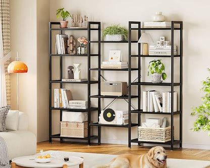 Casaottima Triple 5 Tier Bookshelf, Large Bookcase with 14 Open Display Shelves, Modern Industrial Book Shelves Book Case for Bedroom, Wide Standing Shelving Unit for Living Room Home Office, Black