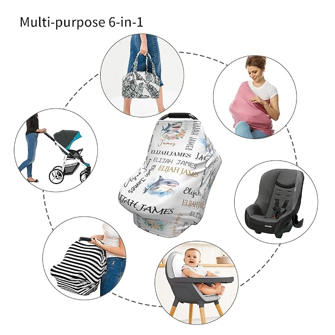 Personalized Baby Car Seat Cover with Name Stroller Canopy Custom Shark Carseat Cover Newborn Baby Boy Girl Nursing Cover for Moms First Birthday Gift