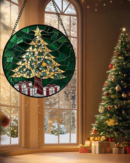 Stained Glass Window Hanging - Gold Green Christmas Tree Suncatcher for Doors Home Christmas Decoration Winter Sun Catcher Thanksgiving New Year Birthday Gifts for Women Men Mom Nana 7.8 in