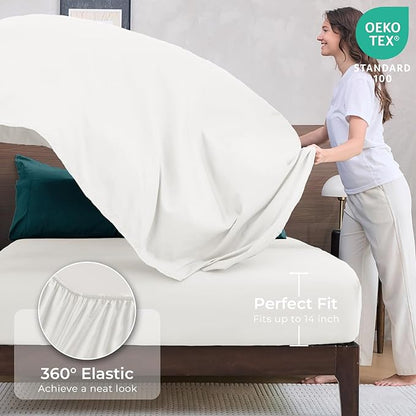 HEVUMYI Queen Comforter Set - 7-Piece All Season Bed in a Bag Queen, Ultra Soft Bedding Set with Comforter, Flat Sheet, Fitted Sheet, Pillowcases, Pillow Shams, Peacock Blue & Ivory