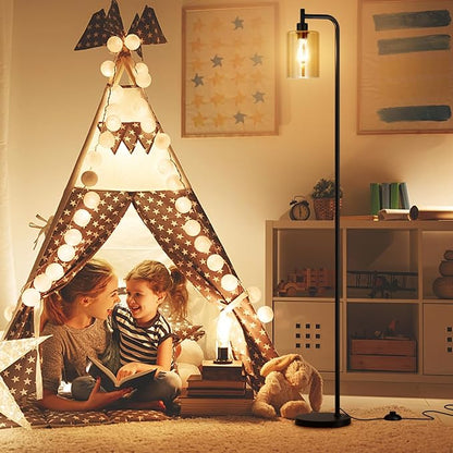 Ziisee Floor Lamps for Living Room - Standing Lamp with Amber Glass Shade, Modern Floor Lamp with LED Bulbs, Industrial Floor Lamp for Bedroom, Black Tall Lamp for Office(Light Bulb Included)
