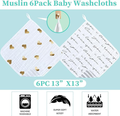 VOOVA & MOVAS 6 Pack 100% Muslin Cotton Baby Washcloths with Handing Loop | 13x13 Inches | Highly Absorbent | Ultra-Soft Newborn Burp Cloths | Perfect Set |Golden Love & Grapheme Love Patten