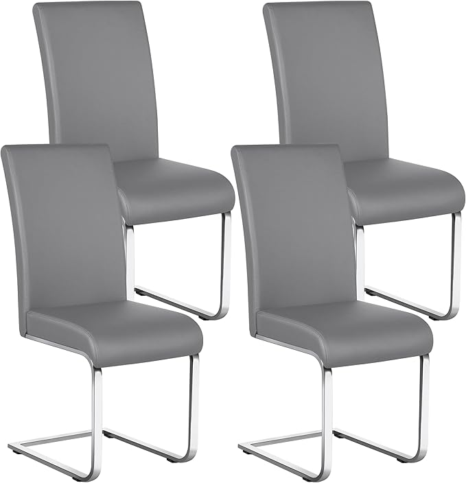 Yaheetech Dining Chairs Set of 4 Modern Faux Leather Upholstered Dining Room Chairs with High Back and Metal Chrome Legs for Kitchen/Living Room/Restaurant, Light Gray