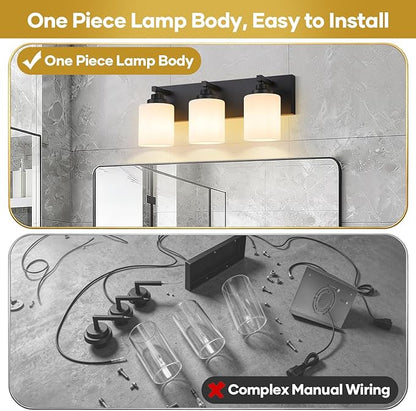 Bathroom Vanity Light Fixture, 3-Light Matte Black Bathroom Light Fixtures Over Mirror with Milky White Glass Shades, Modern Vanity Lights for Bathroom Living Room Hallway (Bulbs Not Included)