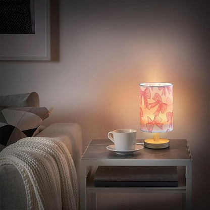 Bedside Table Lamp Pink Bow Printed Nightstand Lamp with Wood Desk Lamps for Bedroom Living Room Nursery Office Home Decor