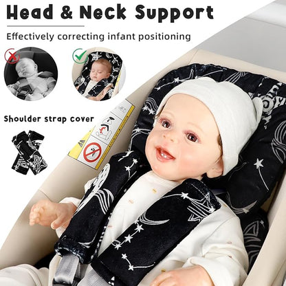Infant Car Seat Insert Head and Body Support, GFU Reversible Newborn Insert for Carseat with Strap Pads, Soft Stroller Cushion Pillow Insert for Boys and Girls, Fits for Stroller, Swing, Black Star