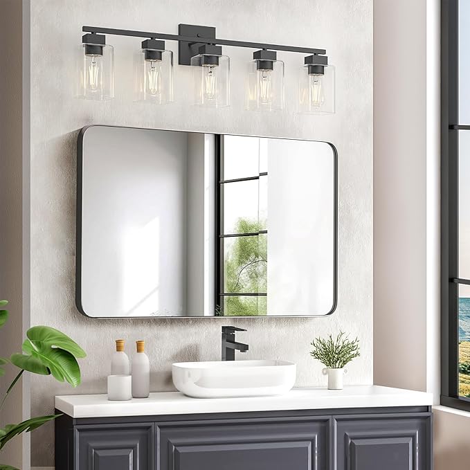 Espird 5 Light Bathroom Vanity Light - Matte Black Bathroom Light Fixtures Square Design & UL Certification, 31 Inch Black Bath Room Lighting Fixtures Over Mirror for Living Room & Bedroom & Restroom