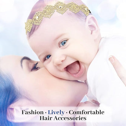 DANMY Baby Girl Super Elastic Headband,Cotton Lace Toddler Hair Band,Infant Soft Turban Hair Accessories Set (gold 1pcs)
