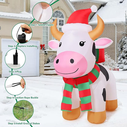 COMIN 5.9 FT Christmas Inflatables Outdoor Decorations Inflatable Cow with LEDs,Quick Blow Up with Built-in LEDs for Yard Party Lawn Decor